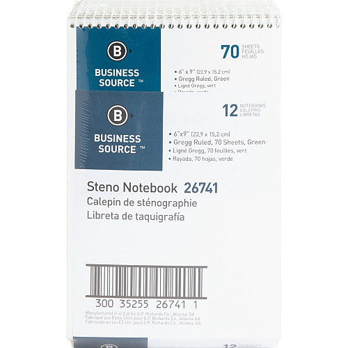 Business Source Steno Notebook 70 Sheets - Wire Bound - Gregg Ruled Margin - 15 lb Basis Weight - 6" x 9" Sheet Size - Green Paper - Stiff-back - 12 / Pack (BSN26741PK)