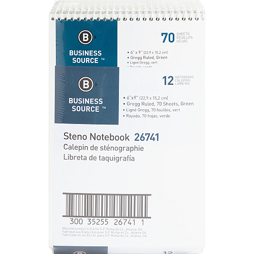 Business Source Steno Notebook 70 Sheets - Wire Bound - Gregg Ruled Margin - 15 lb Basis Weight - 6" x 9" Sheet Size - Green Paper - Stiff-back - 12 / Pack (BSN26741PK)