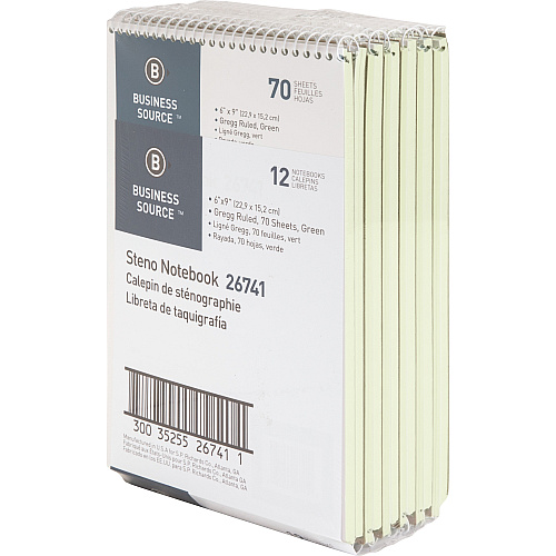 Business Source Steno Notebook 70 Sheets - Wire Bound - Gregg Ruled Margin - 15 lb Basis Weight - 6" x 9" Sheet Size - Green Paper - Stiff-back - 12 / Pack (BSN26741PK)