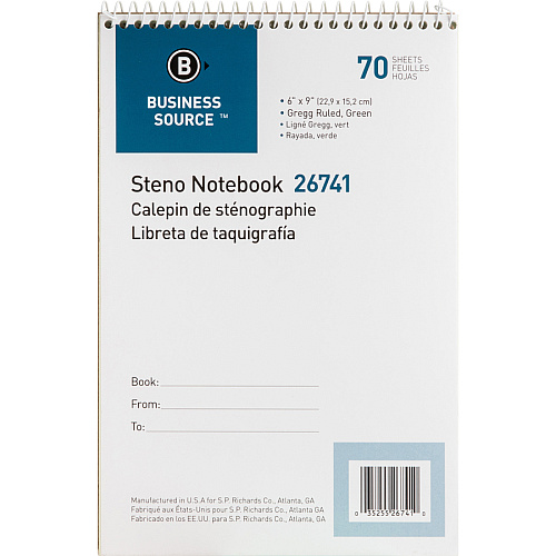 Business Source Steno Notebook 70 Sheets - Wire Bound - Gregg Ruled Margin - 15 lb Basis Weight - 6" x 9" Sheet Size - Green Paper - Stiff-back - 12 / Pack (BSN26741PK)