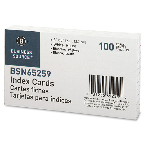 Business Source Ruled Index Cards Front Ruling Surface - Ruled Front Ruling - 72 lb Basis Weight - 5" x 3" Sheet Size - White Paper - 100/Pack - 10 / Box (BSN65259BX)