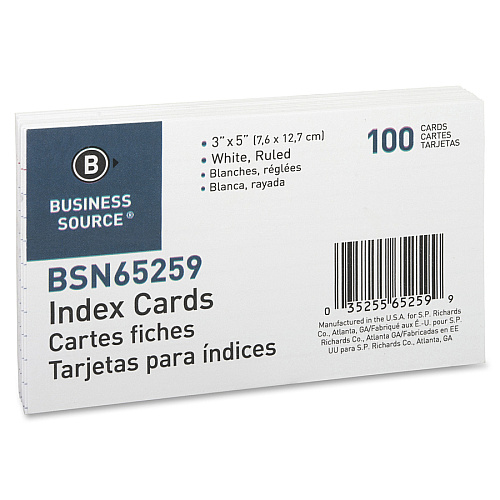 Business Source Ruled Index Cards Front Ruling Surface - Ruled Front Ruling - 72 lb Basis Weight - 5" x 3" Sheet Size - White Paper - 100/Pack - 10 / Box (BSN65259BX)