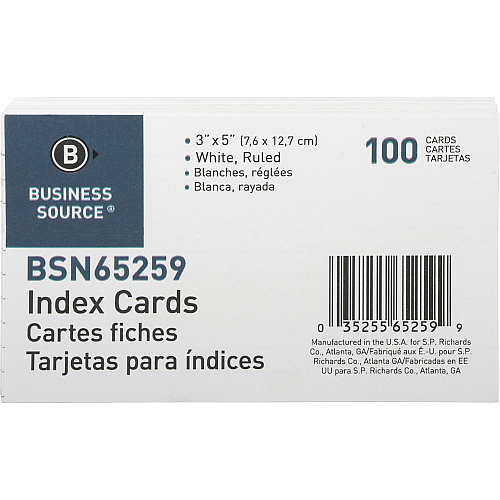 Business Source Ruled Index Cards Front Ruling Surface - Ruled Front Ruling - 72 lb Basis Weight - 5" x 3" Sheet Size - White Paper - 100/Pack - 10 / Box (BSN65259BX)