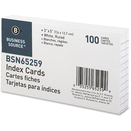 Business Source Ruled Index Cards Front Ruling Surface - Ruled Front Ruling - 72 lb Basis Weight - 5" x 3" Sheet Size - White Paper - 100/Pack - 10 / Box (BSN65259BX)