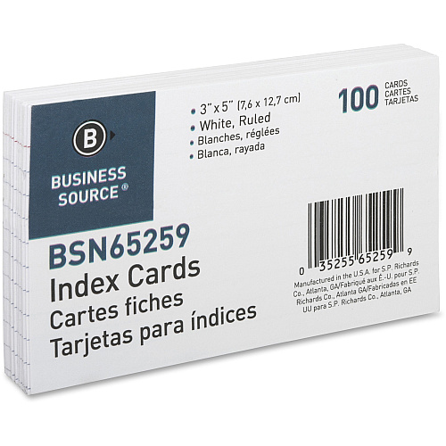 Business Source Ruled Index Cards Front Ruling Surface - Ruled Front Ruling - 72 lb Basis Weight - 5" x 3" Sheet Size - White Paper - 100/Pack - 10 / Box (BSN65259BX)