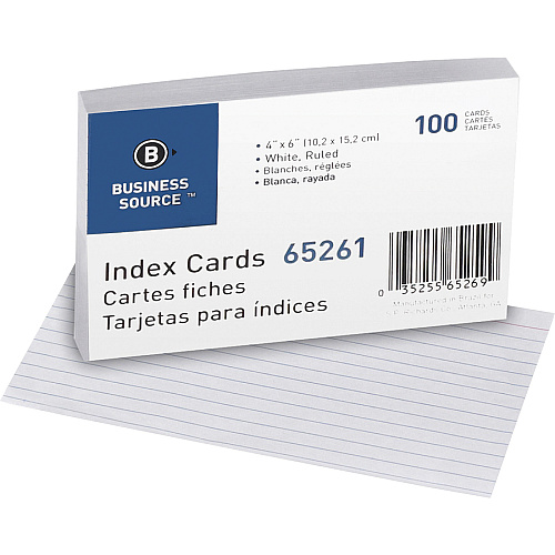 Business Source Ruled Index Cards Front Ruling Surface - Ruled Front Ruling - 72 lb Basis Weight - 6" x 4" Sheet Size - White Paper - 100/Pack - 10 / Box (BSN65261BX)
