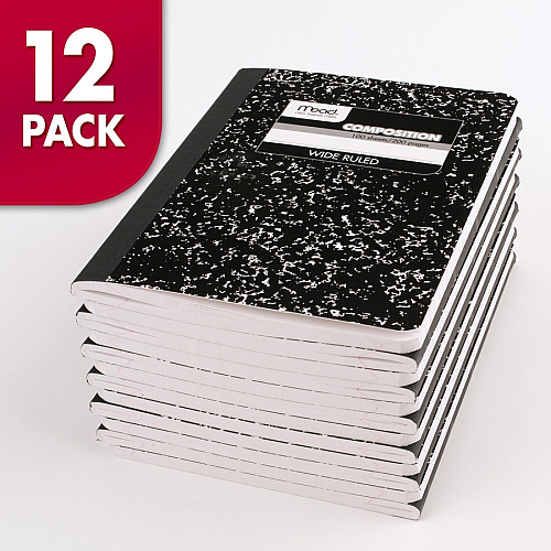 Mead Wide Ruled Composition Notebook 100 Sheets - Sewn - 7 1/2" x 9 3/4" Sheet Size - White Paper - Black Marble Cover - 12 / Carton (09910CT)