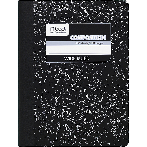 Mead Wide Ruled Composition Notebook 100 Sheets - Sewn - 7 1/2" x 9 3/4" Sheet Size - White Paper - Black Marble Cover - 12 / Carton (09910CT)