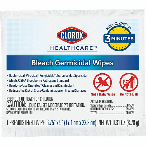 Clorox Healthcare Bleach Germicidal Wipes Ready-To-Use - 9" Length x 6.75" Width - Pre-moistened, Anti-bacterial, Disinfectant, Anti-corrosive - White - 50/Dispenser - 1 Each (31424)