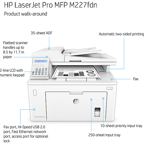 HP LaserJet Pro M227fdn Laser Multifunction Printer - Monochrome Copier/Fax/Printer/Scanner - 30 ppm Mono Print - 1200 x 1200 dpi Print - Automatic Duplex Print - Up to 30000 Pages Monthly - 250 sheets Input - Color Scanner - 1200 dpi Optical Sca (G3Q79A)