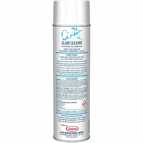 Claire Gleme Glass Cleaner 19 fl oz (0.6 quart) - Clean & Fresh Scent - Film-free, Non-drip, Non-streaking, Ammonia-free, Quick Drying, Rinse-free, CFC-free - White Can - 12 / Carton (CL050)