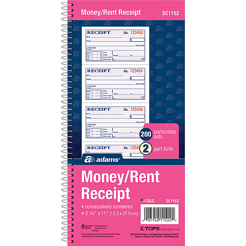 Adams Spiral 2-part Money/Rent Receipt Book 200 Sheet(s) - Spiral Bound - 2 Part - 11" x 5.25" Form Size - White, Canary - Assorted Sheet(s) - 5 / Pack (SC1152PK)