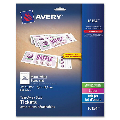Avery&reg; Blank Tickets with Tear-Away Stubs 1 3/4" Width x 5 1/2" Length - Laser, Inkjet - Matte White - 20 / Sheet - 200/Pack - 5 / Carton (16154CT)