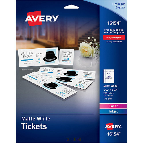 Avery&reg; Blank Tickets with Tear-Away Stubs 1 3/4" Width x 5 1/2" Length - Laser, Inkjet - Matte White - 20 / Sheet - 200/Pack - 5 / Carton (16154CT)