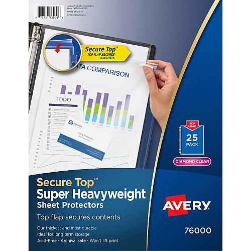 Avery&reg; Secure Top Sheet Protectors For Letter 8 1/2" x 11" Sheet - 3 x Holes - Ring Binder - Top Loading - Clear - Polypropylene - 25/Pack - 3 / Bundle (76000BD)