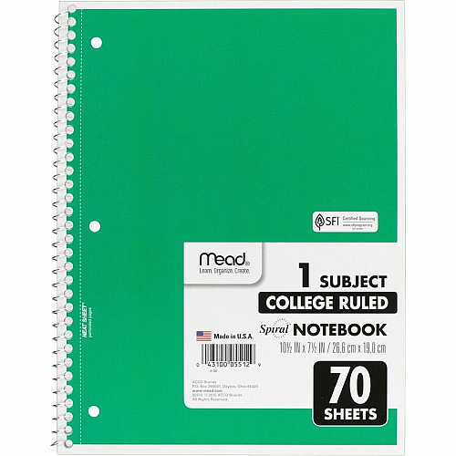 Mead One-subject Spiral Notebook 70 Sheets - Spiral - College Ruled Front Ruling - 8" x 10 1/2" Sheet Size - White Paper - Tan Board Cover - Heavyweight, Punched - 12 / Bundle (05512BD)