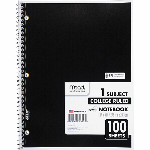 Mead One-subject Spiral Notebook 100 Sheets - Spiral - College Ruled Front Ruling - 8" x 10 1/2" Sheet Size x 8" Width x 10.5" Length - White Paper - Back Board - 12 / Bundle (06622BD)