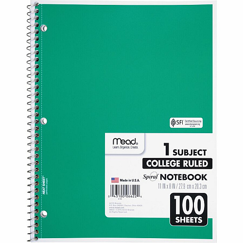 Mead One-subject Spiral Notebook 100 Sheets - Spiral - College Ruled Front Ruling - 8" x 10 1/2" Sheet Size x 8" Width x 10.5" Length - White Paper - Back Board - 12 / Bundle (06622BD)