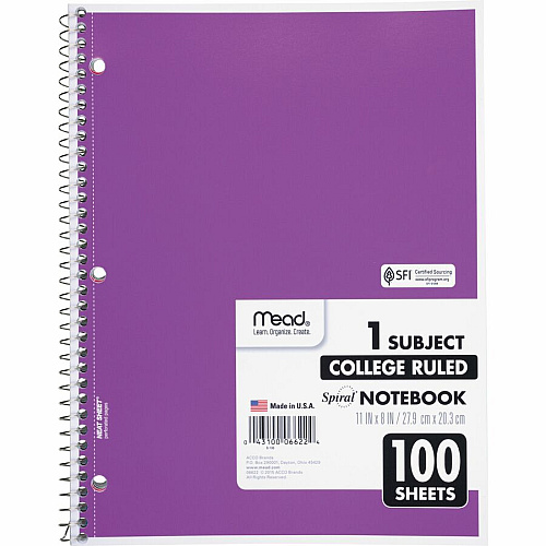 Mead One-subject Spiral Notebook 100 Sheets - Spiral - College Ruled Front Ruling - 8" x 10 1/2" Sheet Size x 8" Width x 10.5" Length - White Paper - Back Board - 12 / Bundle (06622BD)
