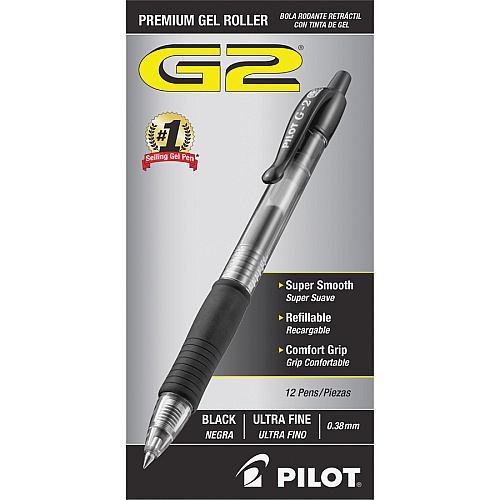 Pilot G2 Premium Gel Roller Retractable Pens 0.38 mm Ultra Fine Pen Point - Refillable - Retractable - Black Ink - Gel-based - Clear Barrel - 1 Dozen/Box - 2 / Bundle (31277BD)