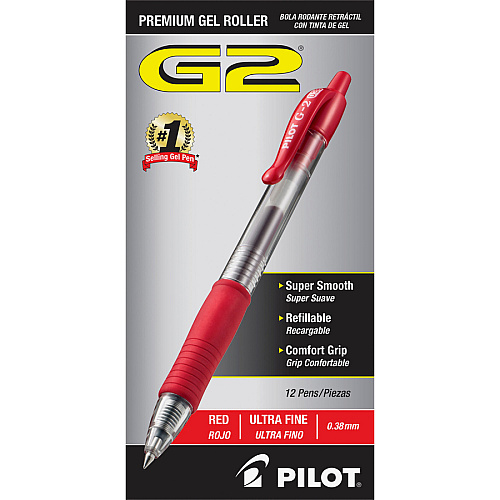 Pilot G2 Premium Gel Roller Retractable Pens 0.38 mm Ultra Fine Pen Point - Refillable - Retractable - Red Ink - Gel-based - Clear Barrel - 1 Dozen/Box - 2 / Bundle (31279BD)