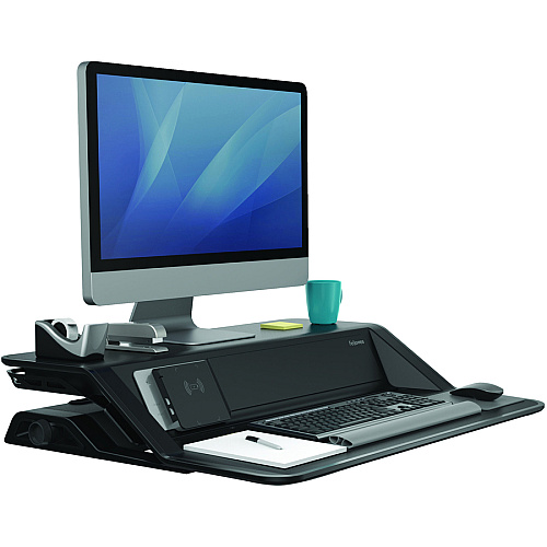 Fellowes Lotus&trade; DX Sit-Stand Workstation - Black 35 lb Load Capacity - 5.50" Height x 32.75" Width x 24.25" Depth - Black - Antimicrobial (8080301)