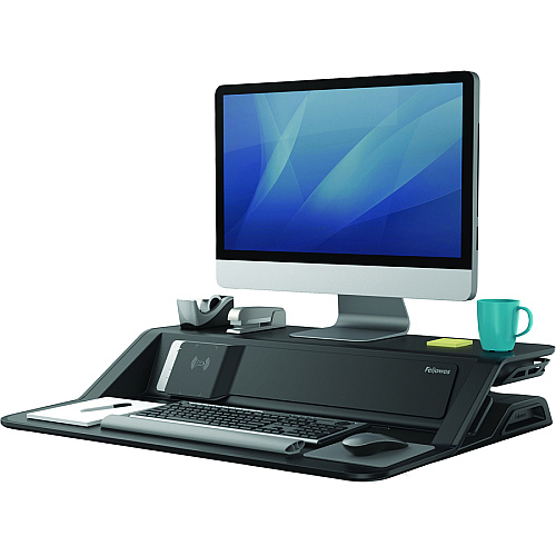 Fellowes Lotus&trade; DX Sit-Stand Workstation - Black 35 lb Load Capacity - 5.50" Height x 32.75" Width x 24.25" Depth - Black - Antimicrobial (8080301)