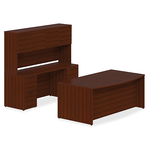 Lorell Prominence 2.0 Right-Pedestal Desk x 1" Thickness Top, 29" Height x 66" Width x 30" Depth - 3 x File, Box Drawer(s) - Single Pedestal on Right Side - Band Edge - Material: Particleboard - Finish: Mahogany Laminate, Thermofused Mela (LLRPD3066RSPMY)