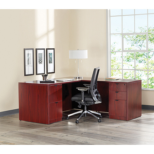 Lorell Prominence 2.0 Left-Pedestal Desk x 1" Thickness Top, 29" Height x 72" Width x 36" Depth - 3 x File, Box Drawer(s) - Single Pedestal on Left Side - Band Edge - Material: Particleboard - Finish: Mahogany Laminate, Thermofused Melami (LLRPD3672LSPMY)
