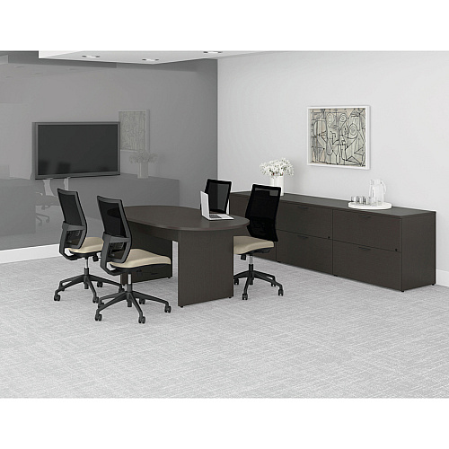 Lorell Prominence 2.0 Racetrack Conference Table 72" x 36"29" Table, 1" Top, 0.1" Edge - Material: Particleboard, Thermofused Melamine (TFM) - Finish: Espresso - Modesty Panel (LLRPT7236ES)