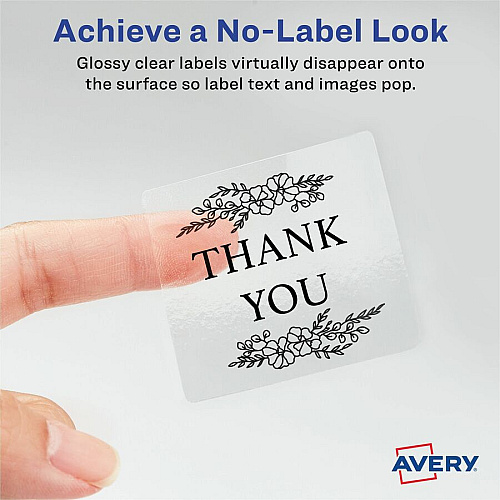 Avery&reg; Sure Feed Glossy Labels Waterproof - 2" Width x 2" Length - Permanent Adhesive - Square - Inkjet, Laser - Glossy Crystal Clear - Crystal Clear - Film - 12 / Sheet - 12 Total Sheets - 120 Total Label(s) - 10 / Pack (22853)
