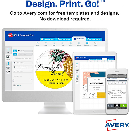 Avery&reg; Sure Feed Glossy Labels Waterproof - 2" Width x 2" Length - Permanent Adhesive - Square - Inkjet, Laser - Glossy Crystal Clear - Crystal Clear - Film - 12 / Sheet - 12 Total Sheets - 120 Total Label(s) - 10 / Pack (22853)