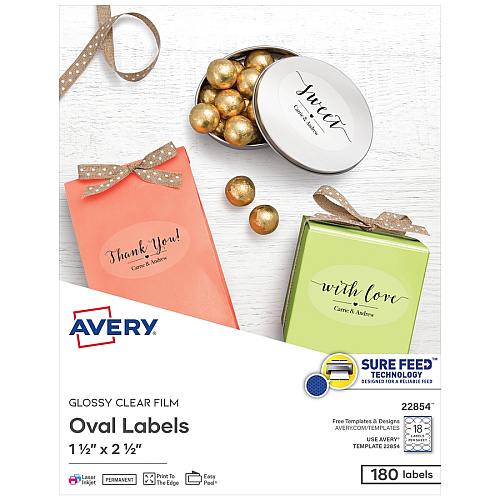 Avery&reg; Sure Feed Glossy Labels 1 1/2" Width x 2 1/2" Length - Permanent Adhesive - Oval - Laser, Inkjet - Crystal Clear - Film - 18 / Sheet - 10 Total Sheets - 180 Total Label(s) - 180 / Pack (22854)