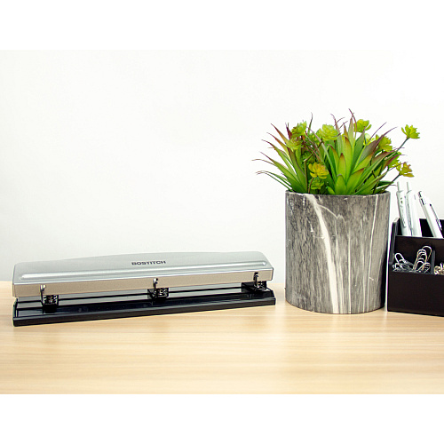 Bostitch 3-hole Punch 3 Punch Head(s) - 12 Sheet - 9/32" Punch Size - Steel, Rubber - 2.5" Width x 10.6" Depth x 1.7" Height - Silver, Black (HP12)