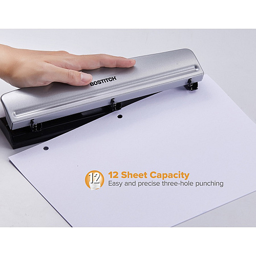 Bostitch 3-hole Punch 3 Punch Head(s) - 12 Sheet - 9/32" Punch Size - Steel, Rubber - 2.5" Width x 10.6" Depth x 1.7" Height - Silver, Black (HP12)