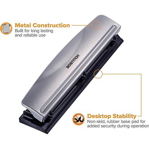Bostitch 3-hole Punch 3 Punch Head(s) - 12 Sheet - 9/32" Punch Size - Steel, Rubber - 2.5" Width x 10.6" Depth x 1.7" Height - Silver, Black (HP12)