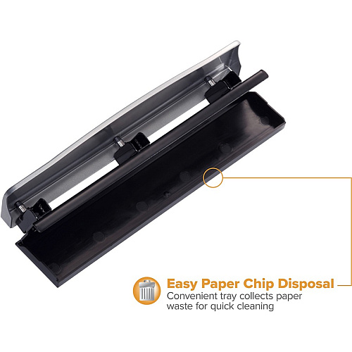 Bostitch 3-hole Punch 3 Punch Head(s) - 12 Sheet - 9/32" Punch Size - Steel, Rubber - 2.5" Width x 10.6" Depth x 1.7" Height - Silver, Black (HP12)