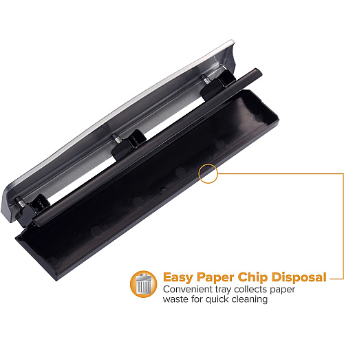 Bostitch 3-hole Punch 3 Punch Head(s) - 12 Sheet - 9/32" Punch Size - Steel, Rubber - 2.5" Width x 10.6" Depth x 1.7" Height - Silver, Black (HP12)