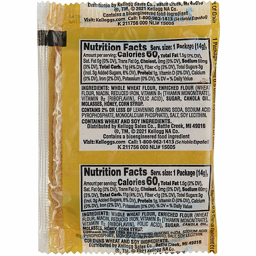Kellogg's Grahams Honey Crackers Individually Wrapped - Honey - 0.49 oz - 2/Pack - 200 / Carton (38406)