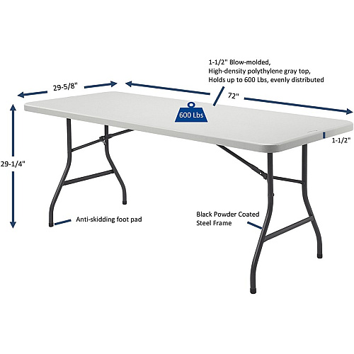 Lorell Ultra-Lite Banquet Table Light Gray Rectangle Top - Dark Gray Base - 600 lb Capacity - 72" Table Top Width x 30" Table Top Depth x 2" Table Top Thickness - 29" Height - Indoor - Gray - High-density Polyethylene (HDPE) Top Material - 1 Ea (LLR66655)