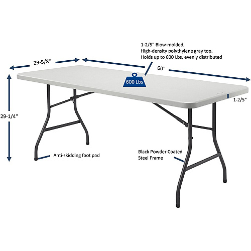 Lorell Ultra-Lite Banquet Table Light Gray Rectangle Top - Dark Gray Folding Base - 600 lb Capacity - 60" Table Top Width x 30" Table Top Depth x 2" Table Top Thickness - 29" Height - Indoor - Gray - High-density Polyethylene (HDPE) Top Materia (LLR66656)
