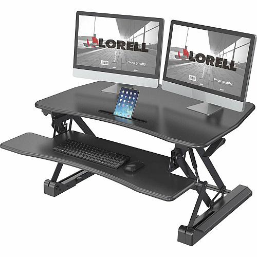 Lorell Gas Lift Monitor Riser Flat Panel Display Type Supported - 19.50" Height x 35.50" Width x 23.25" Depth - Desktop - Steel, Medium Density Fiberboard (MDF), Polyvinyl Chloride (PVC) - Black - Gas Lift (LLR99553)