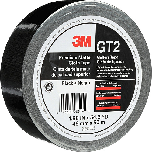 3M Gaffers Cloth Tape 54.60 yd Length x 1.90" Width x 11 mil Thickness - Black - Vinyl - 1 Roll (GT2)