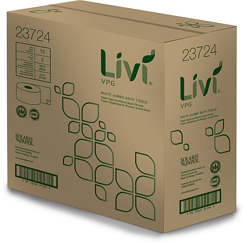 Livi&reg; VPG Jumbo Toilet Paper Rolls, 2-Ply, 850-ft., 12 Rolls 2 Ply - 3.30" Width x 850 ft Length - 3 19/64" Core - White - Fiber - 12 / Carton (23724)