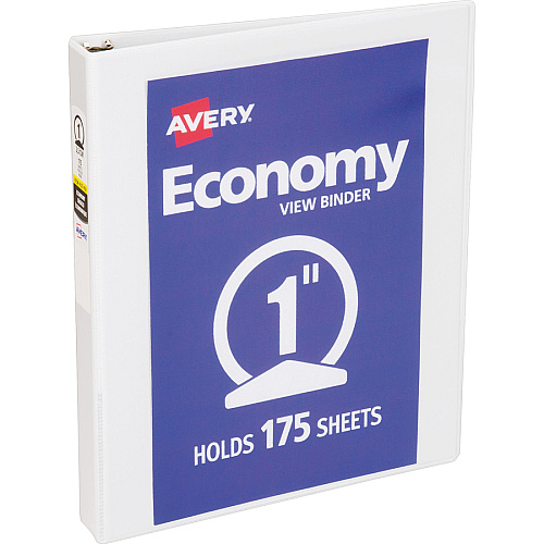 Avery&reg; Economy View Binder 1" Binder Capacity - Letter - 8 1/2" x 11" Sheet Size - 175 Sheet Capacity - 3 Ring(s) - Fastener(s): Round Ring - Pocket(s): 2, Internal - Vinyl-covered Chipboard - White - 15.84 oz - Gap-free Ring, Exposed Rivet, (05711BD)