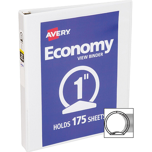 Avery&reg; Economy View Binder 1" Binder Capacity - Letter - 8 1/2" x 11" Sheet Size - 175 Sheet Capacity - 3 Ring(s) - Fastener(s): Round Ring - Pocket(s): 2, Internal - Vinyl-covered Chipboard - White - 15.84 oz - Gap-free Ring, Exposed Rivet, (05711BD)