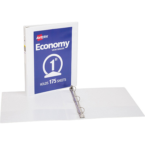 Avery&reg; Economy View Binder 1" Binder Capacity - Letter - 8 1/2" x 11" Sheet Size - 175 Sheet Capacity - 3 Ring(s) - Fastener(s): Round Ring - Pocket(s): 2, Internal - Vinyl-covered Chipboard - White - 15.84 oz - Gap-free Ring, Exposed Rivet, (05711BD)