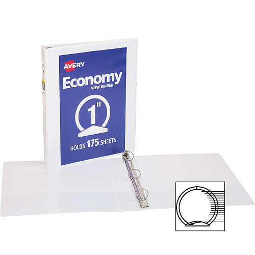 Avery&reg; Economy View Binder 1" Binder Capacity - Letter - 8 1/2" x 11" Sheet Size - 175 Sheet Capacity - 3 Ring(s) - Fastener(s): Round Ring - Pocket(s): 2, Internal - Vinyl-covered Chipboard - White - 15.84 oz - Gap-free Ring, Exposed Rivet, (05711BD)
