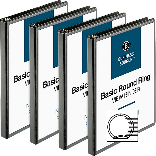 Business Source Round-ring View Binder 1/2" Binder Capacity - Letter - 8 1/2" x 11" Sheet Size - 125 Sheet Capacity - Fastener(s): Round Ring - Pocket(s): 2, Internal - Polypropylene - Black - Sturdy, Non-glare, Exposed Rivet, Durable, Gap-fr (BSN09950BD)
