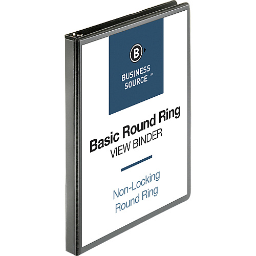 Business Source Round-ring View Binder 1/2" Binder Capacity - Letter - 8 1/2" x 11" Sheet Size - 125 Sheet Capacity - Fastener(s): Round Ring - Pocket(s): 2, Internal - Polypropylene - Black - Sturdy, Non-glare, Exposed Rivet, Durable, Gap-fr (BSN09950BD)